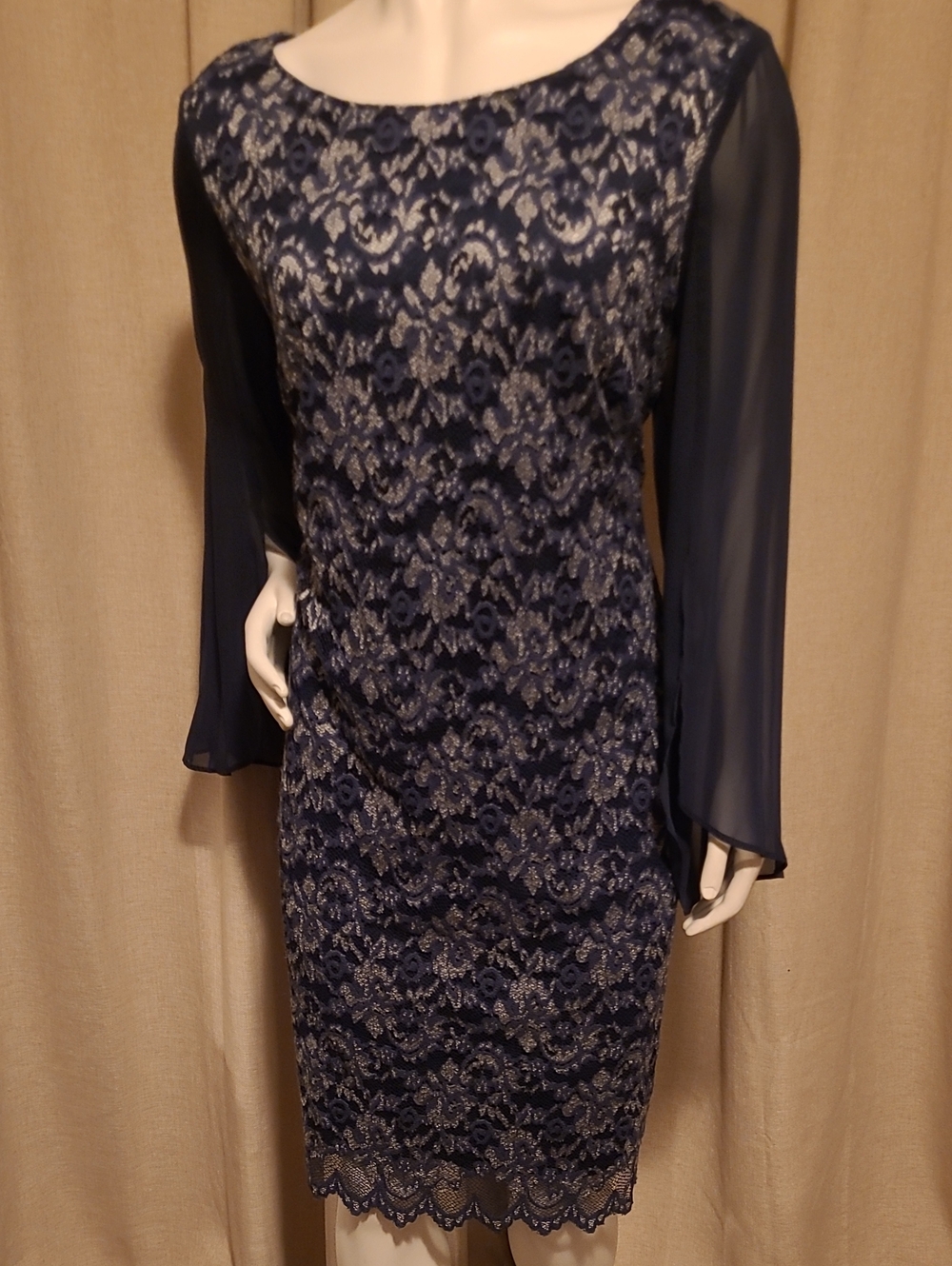 Connected Navy Blue Formal Dress With Gold Lace and Chiffon Sleeves.